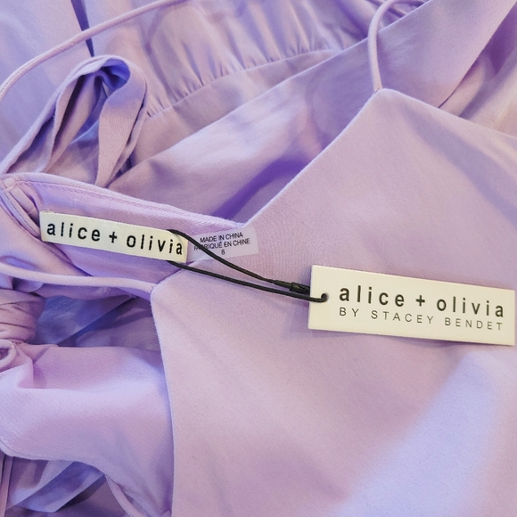 Alice & Olivia Hartley Bow Tie Open Back Tiered Lavender Halter Midi Dress - Picture 5 of 8